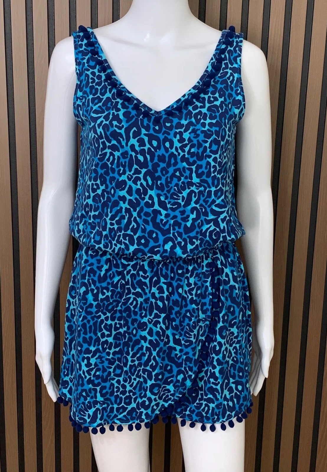 Lilly Pulitzer Blue Leopard Print Pom Pom Romper XS Sleeveless Elastic Waist