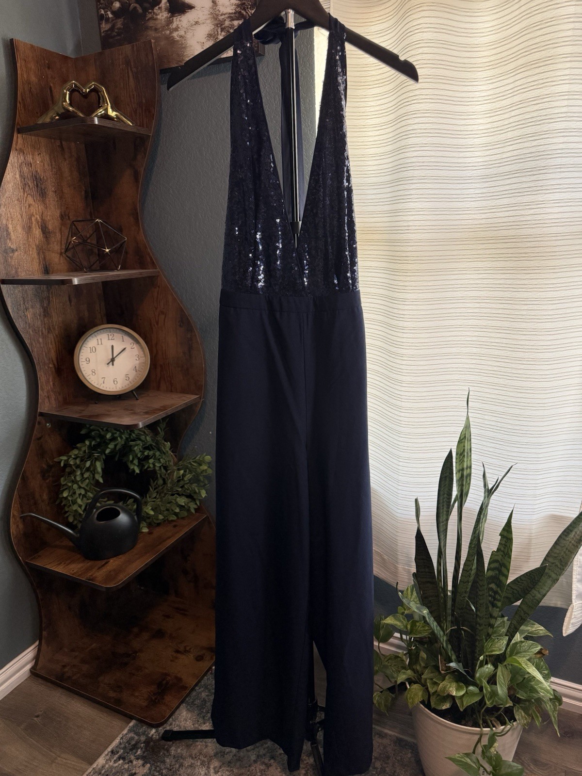 Lulus Blue Sequin V-Neck Sleeveless Zip Lined Jumpsuit Size S
