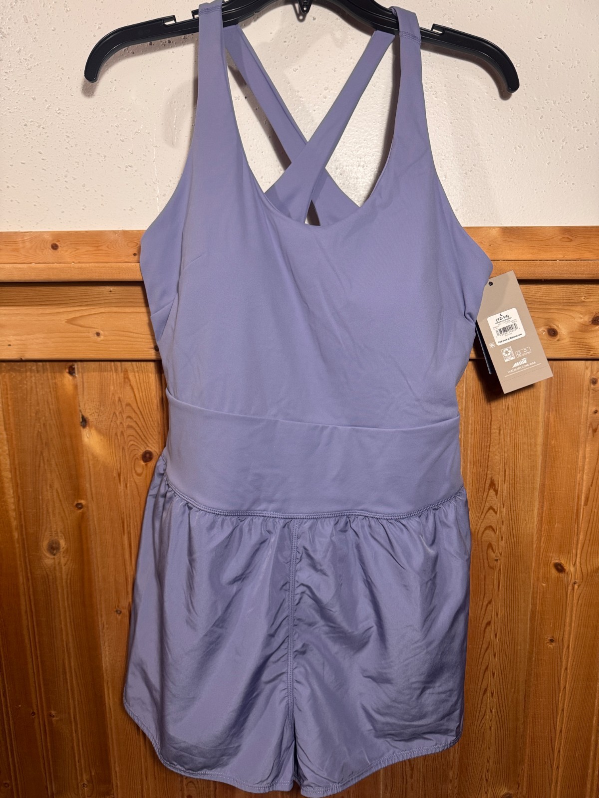 Avia Womens Cross Back Active Buttersoft Romper Misty Lavender Athleisure NWT
