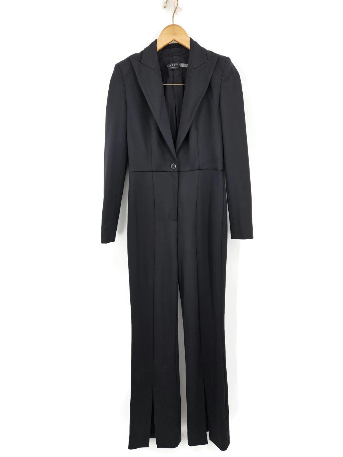 Alice + Olivia Donovan Blazer Fitted Jumpsuit Womens 6 Black Tuxedo Front Slit