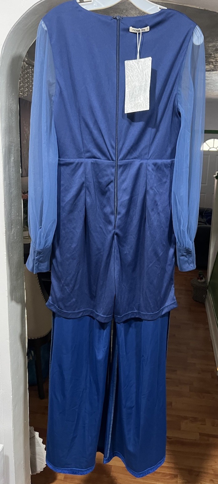 Women Royal Blue Mesh V Neck Long Sleeve Velvet Jumpsuit | fehaute Size 8