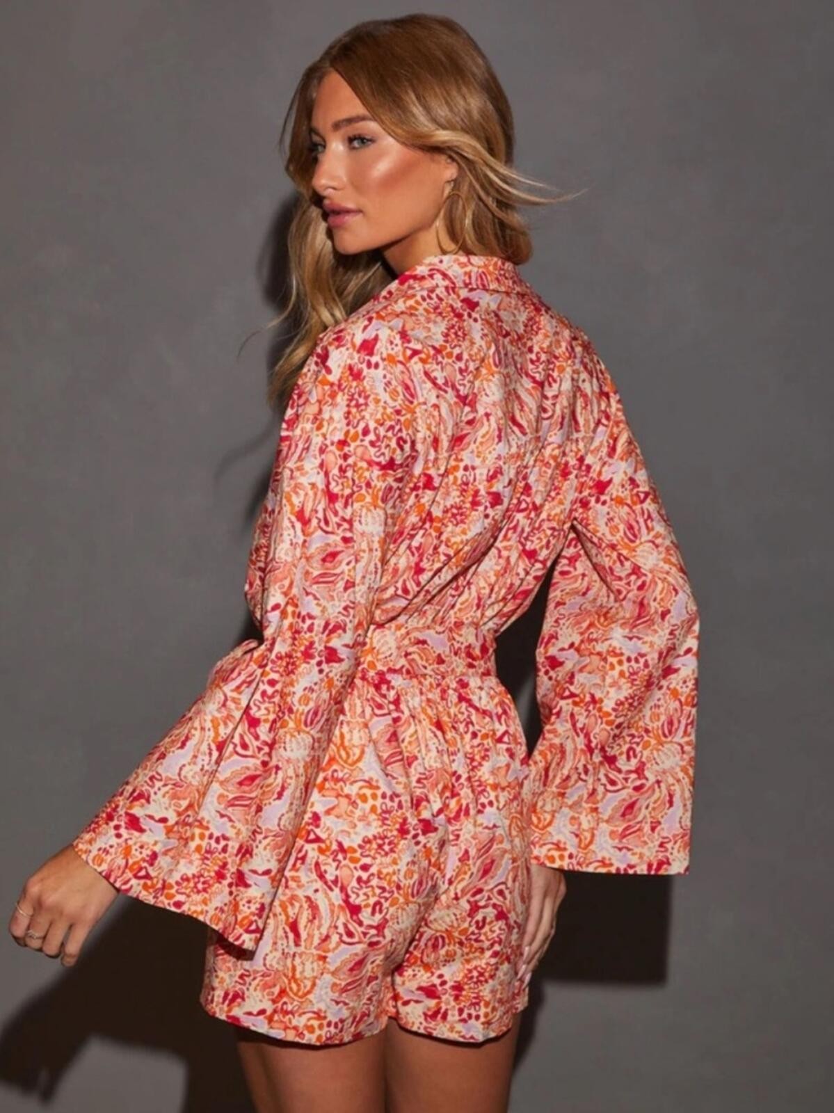 NWT VICI Orange and Pink Belted Romper with Long Bell Flare Sleeve Size Large