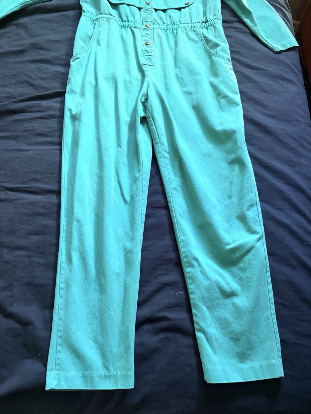 Vintage DREAMS Cotton Denim Jumpsuit Coveralls Blue Green Teal Size Large