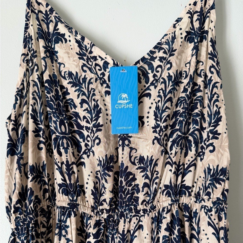 CUPSHE Blue & Cream Boho Wide Leg Jumpsuit | Flowy Summer Romper | Size L NWT