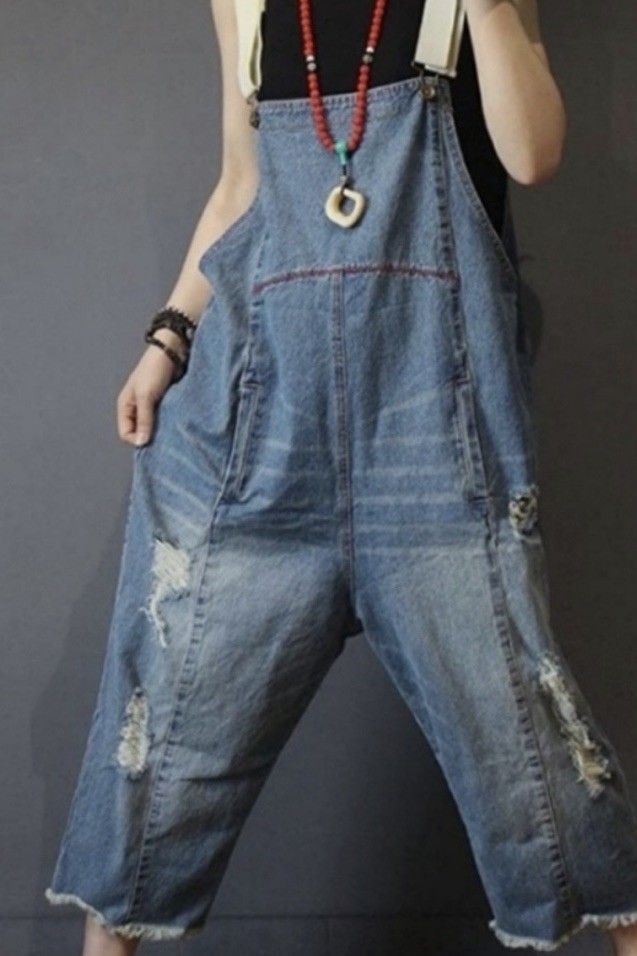 EUC YESNO anthropologie Women’s Distressed Denim JEAN CROPPED BAGGY Overalls XL