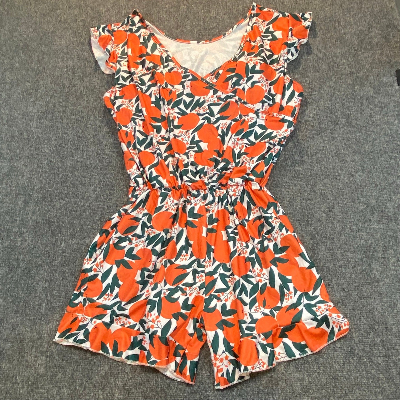 Womens XL Orange Leaf Print Floral Built in Bra Romper One Piece Shorts Stretch