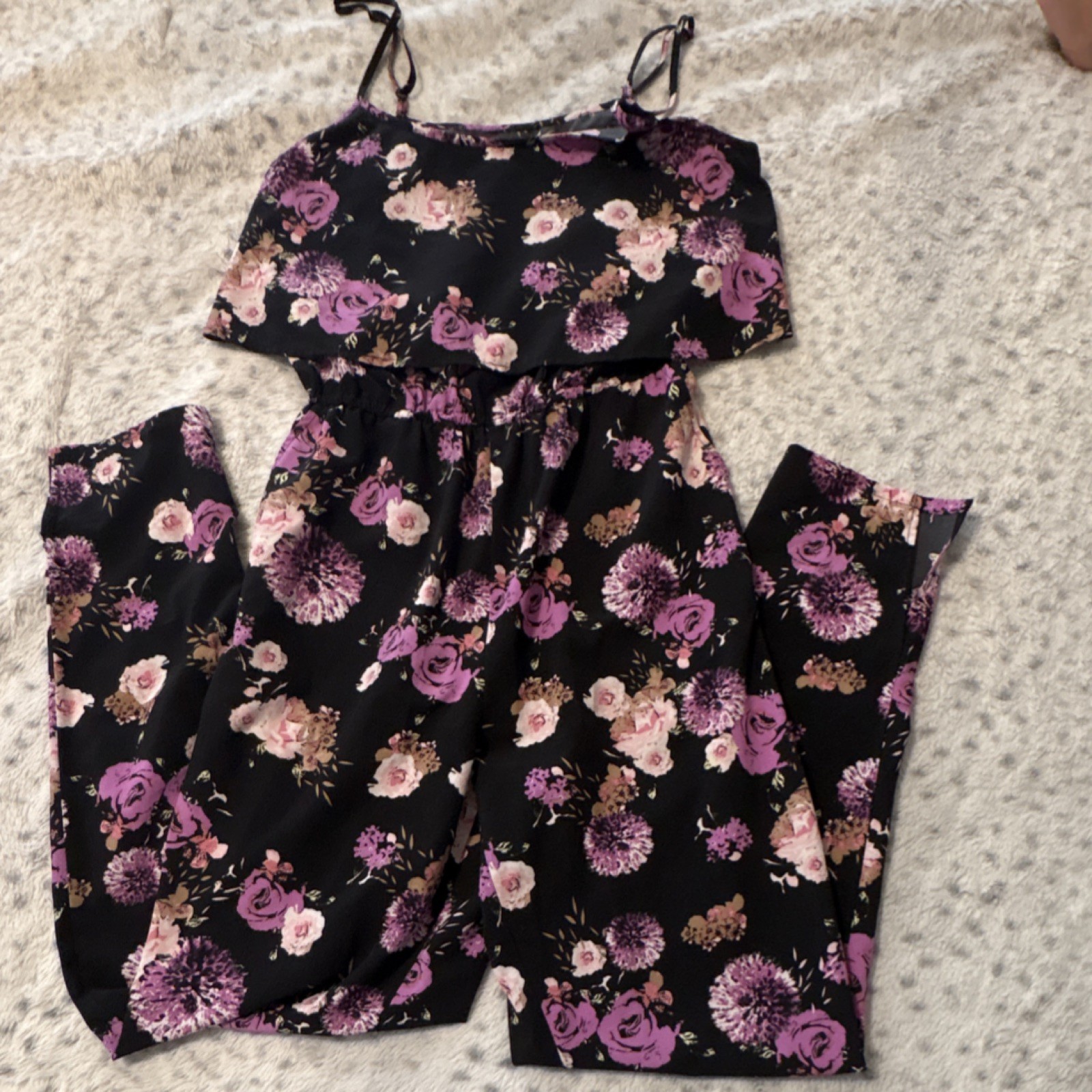Ambiance Juniors Floral Sleeveless Jumpsuit Black Purple Pink L Elastic Waist