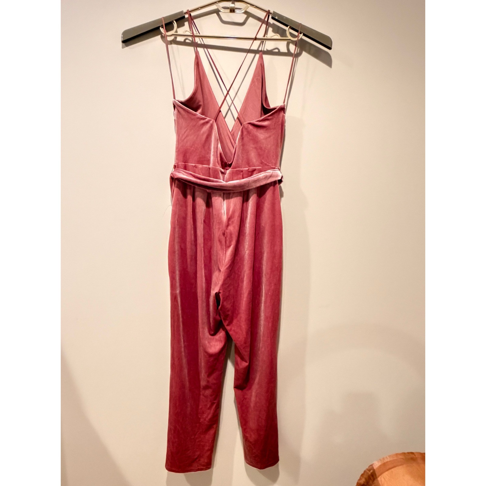 NWT Express Dusty Rose Velvet Jumpsuit Criss Cross Back Tie Waist Wide Leg