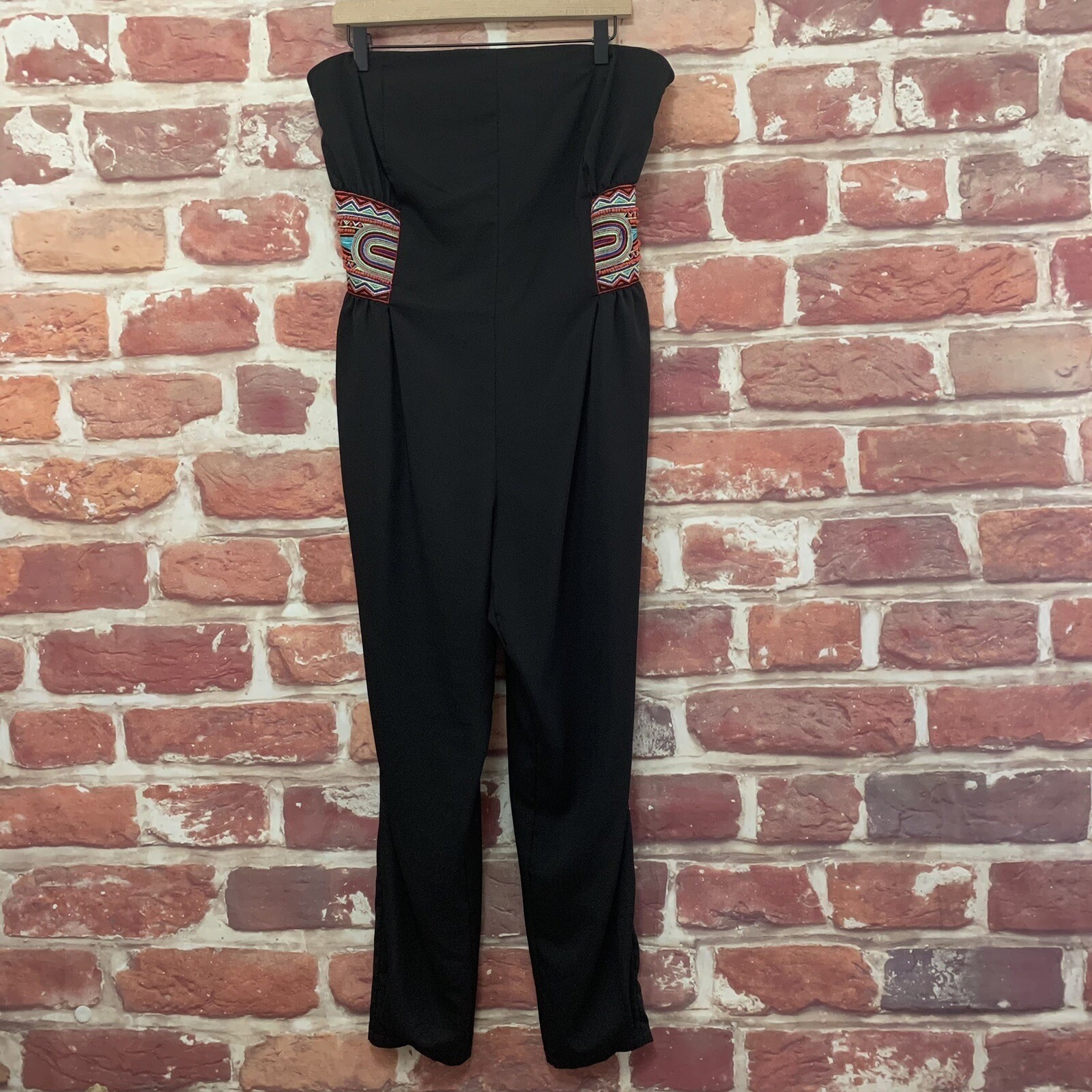 Bisou Bisou Pants Jumpsuit Womens L Black Multicolor Boho Beaded Strapless