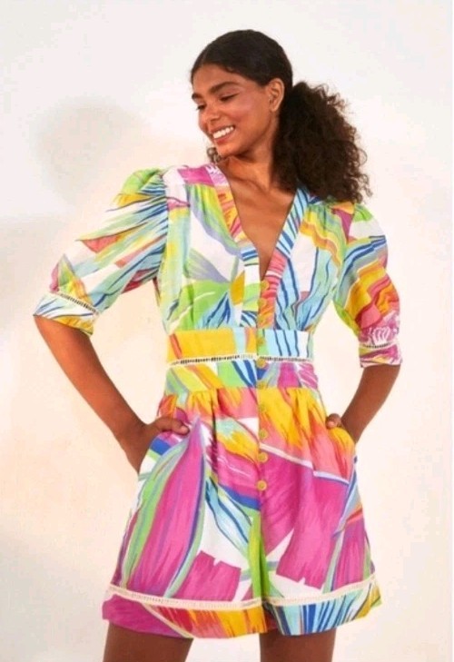 Farm Rio Rainbow Leaves Shorts Romper Tropical Vacation Spring Summer Beach L