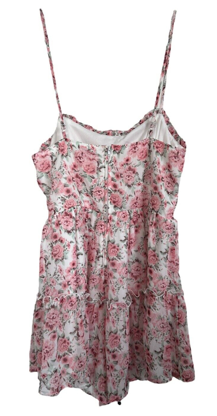 TRIXXI Junior’s Floral Romper Flare Ruffle Lined Size L White w/ Pink Flowers