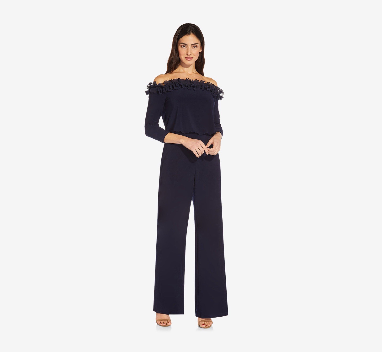 New ADRIANNA PAPELL Size 8 Navy Chiffon Ruffle Wide Leg Off Shoulder Jumpsuit