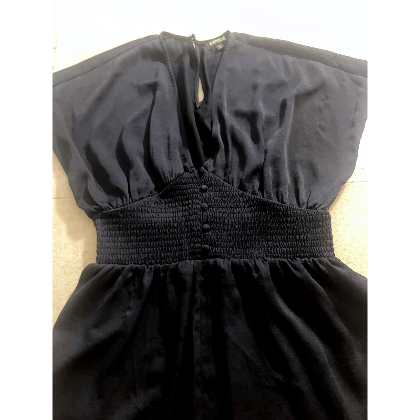 Express Navy Blue Flutter Sleeve Smocked Waist Romper Size M 90233