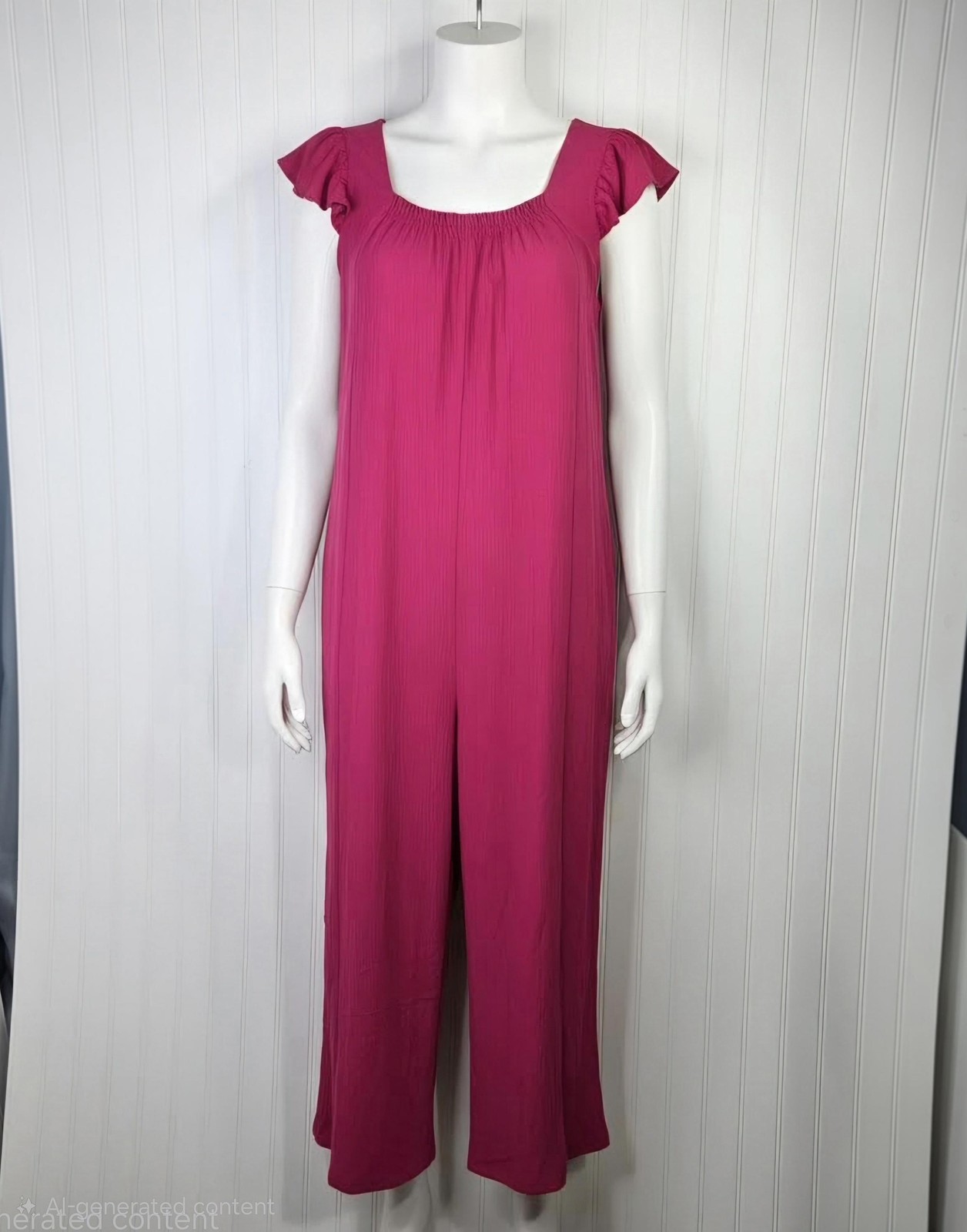 ZESICA Jumpsuit Womens Large Pink Ruffle Sleeve Wide Leg Pockets Summer Casual