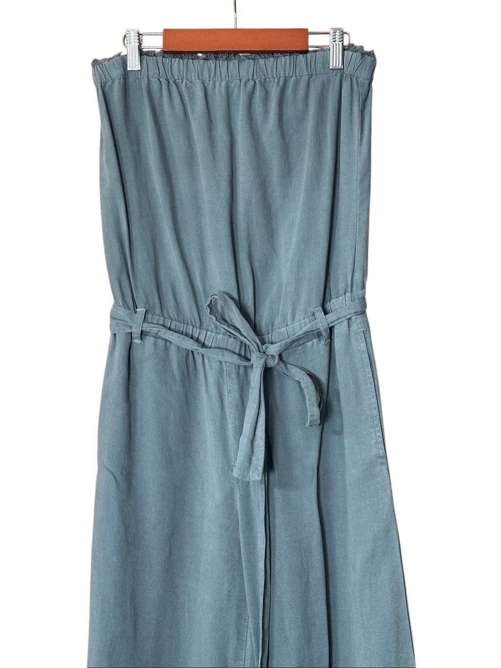 Cloth & stone Anthropologie sage green strapless tencel jumpsuit wide leg fringe
