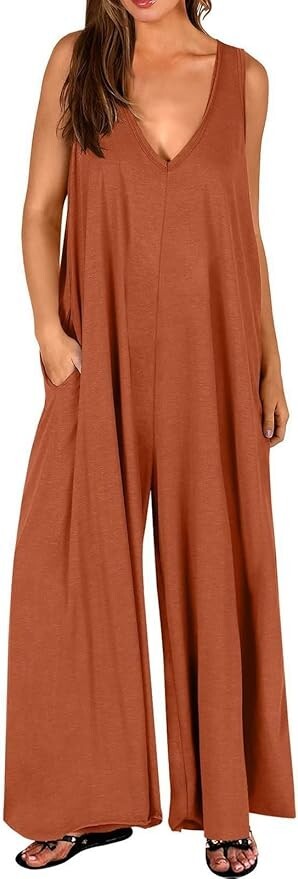 Women Sleeveless Wide Leg Jumpsuit V Neck One Piece Jumpsuit Flowy Jumper Romper