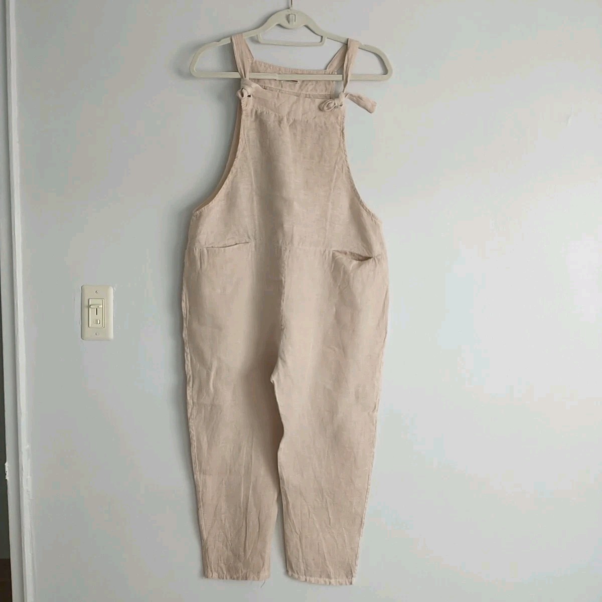 Made InItaly Jumpsuit Bib Overall Womens S/M*Beige 100%Linen Lagenlook Minimalis