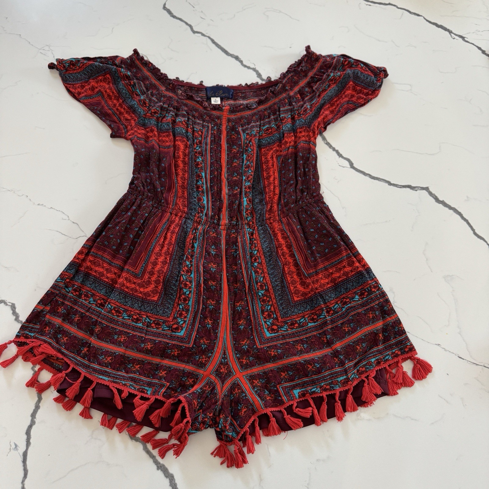 Blue Rain Womens Large Boho Romper Red Burgundy Tassel Off Shoulder Festival