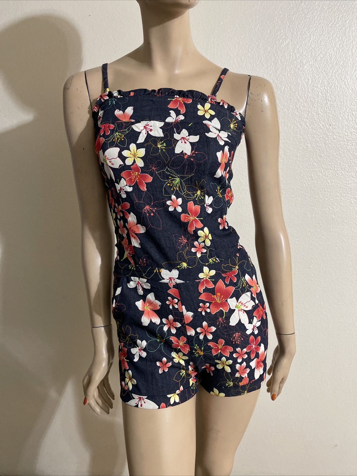 Women’s Blue Floral Denim Cotton Casual Summer Opened Corset Size S Jumpsuit