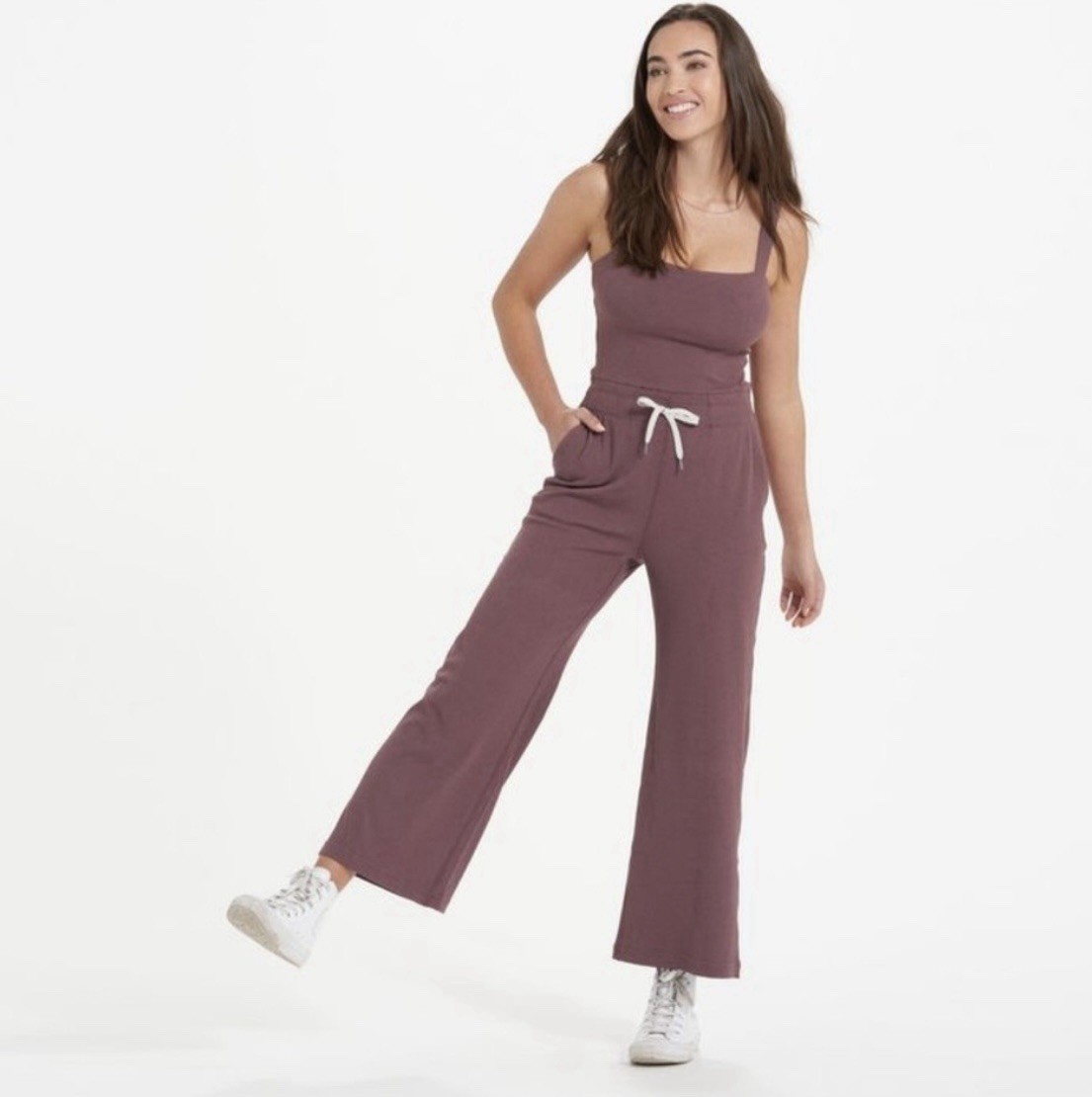 Vuori Mudra Pose Jumpsuit in Chestnut Style Wide Leg Rib Knit Size XS