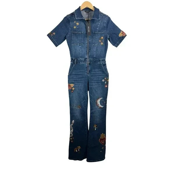 NEW – Denim Driftwood Jumpsuit – Embroidered – XL – Festival – Mushroom – Snake