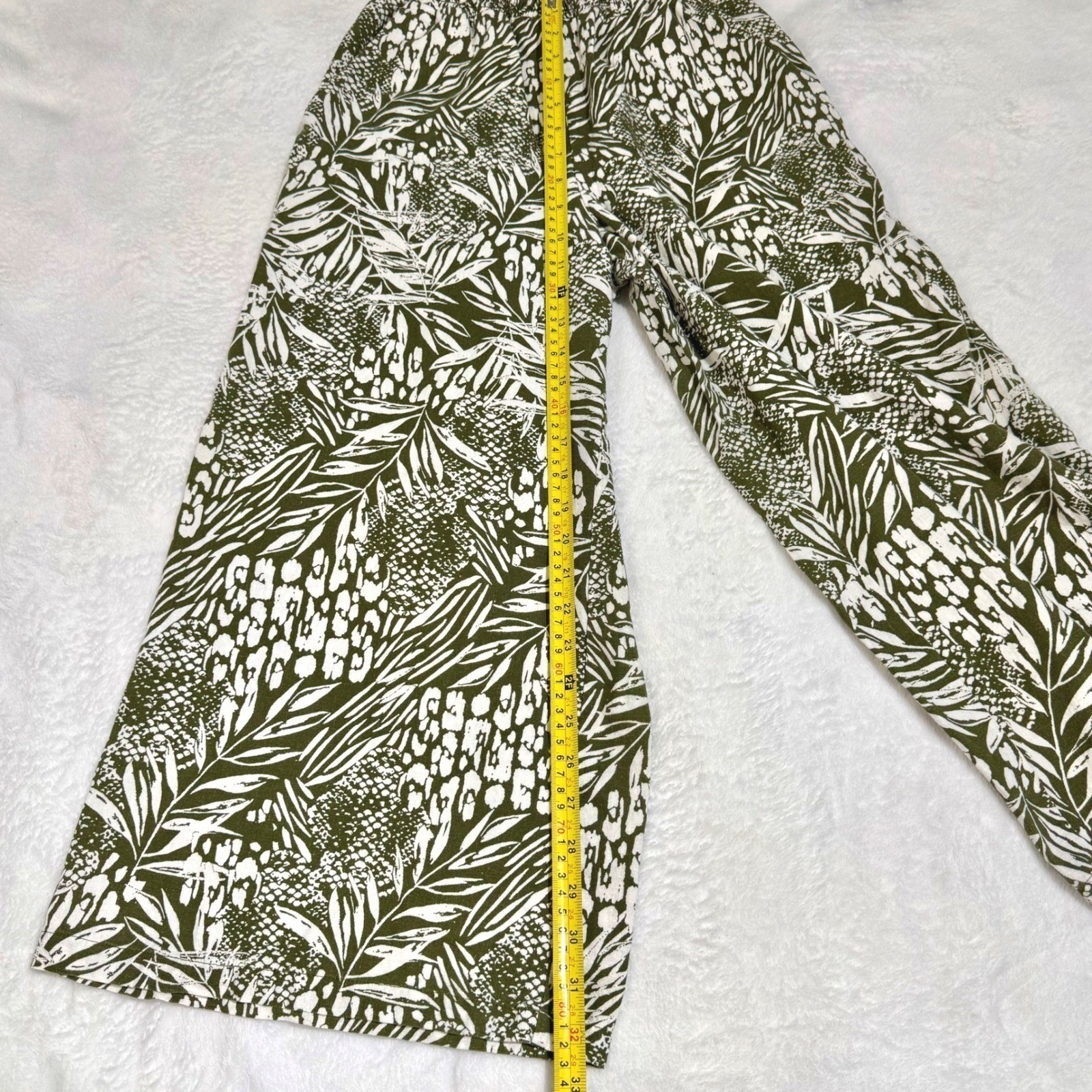 Nicole Miller NY Olive Green Tropical Palm Print Linen Jumpsuit XS Wide Leg
