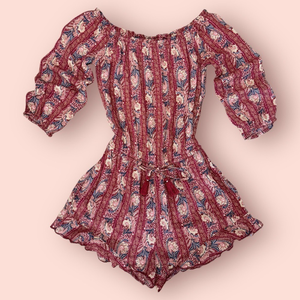 American Eagle Paisley Peasant Blouse Boho Smocked Waist Tie Front Women’s S