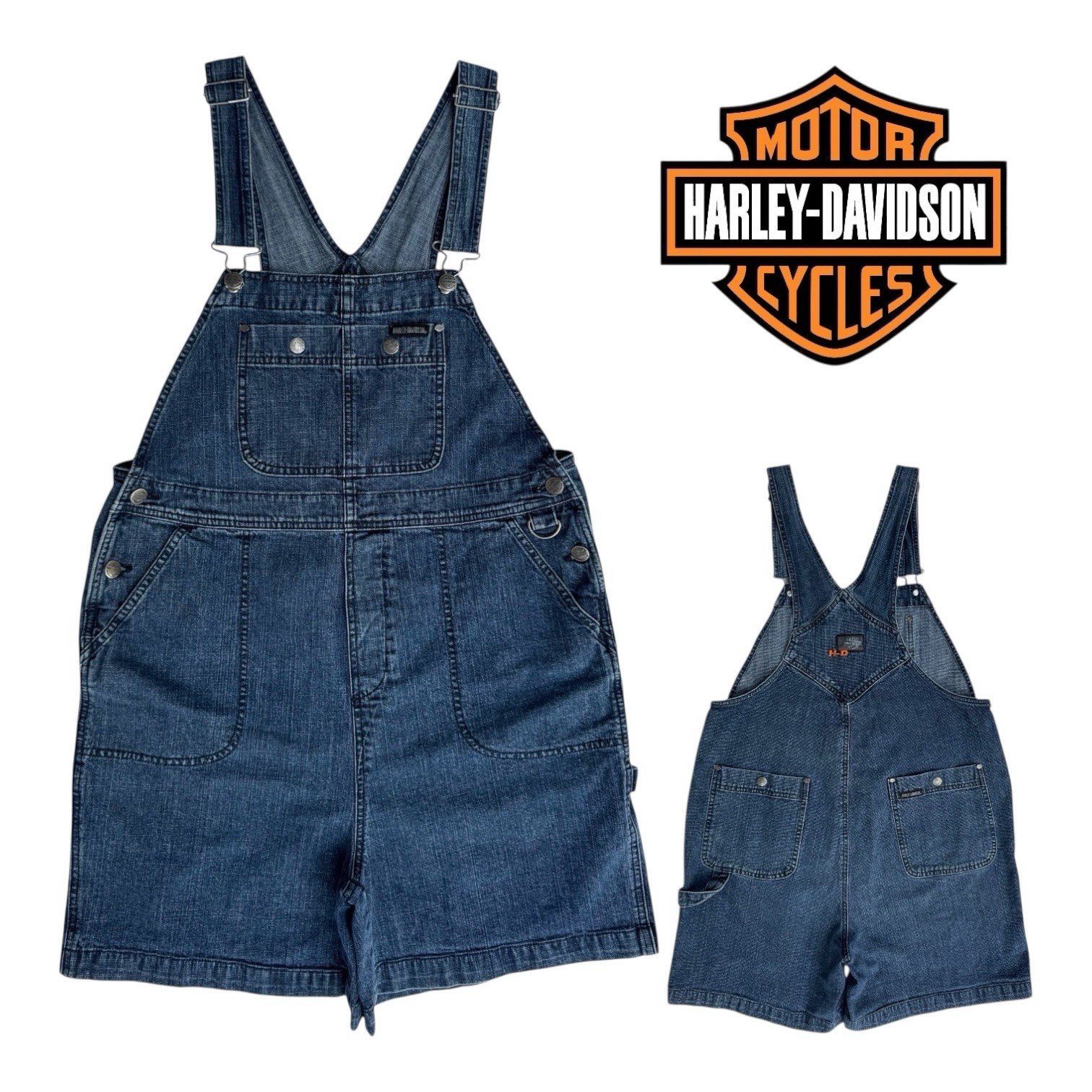 Vintage 00s HARLEY DAVIDSON Womens M Denim Shortails Short Overalls Romper Bibs