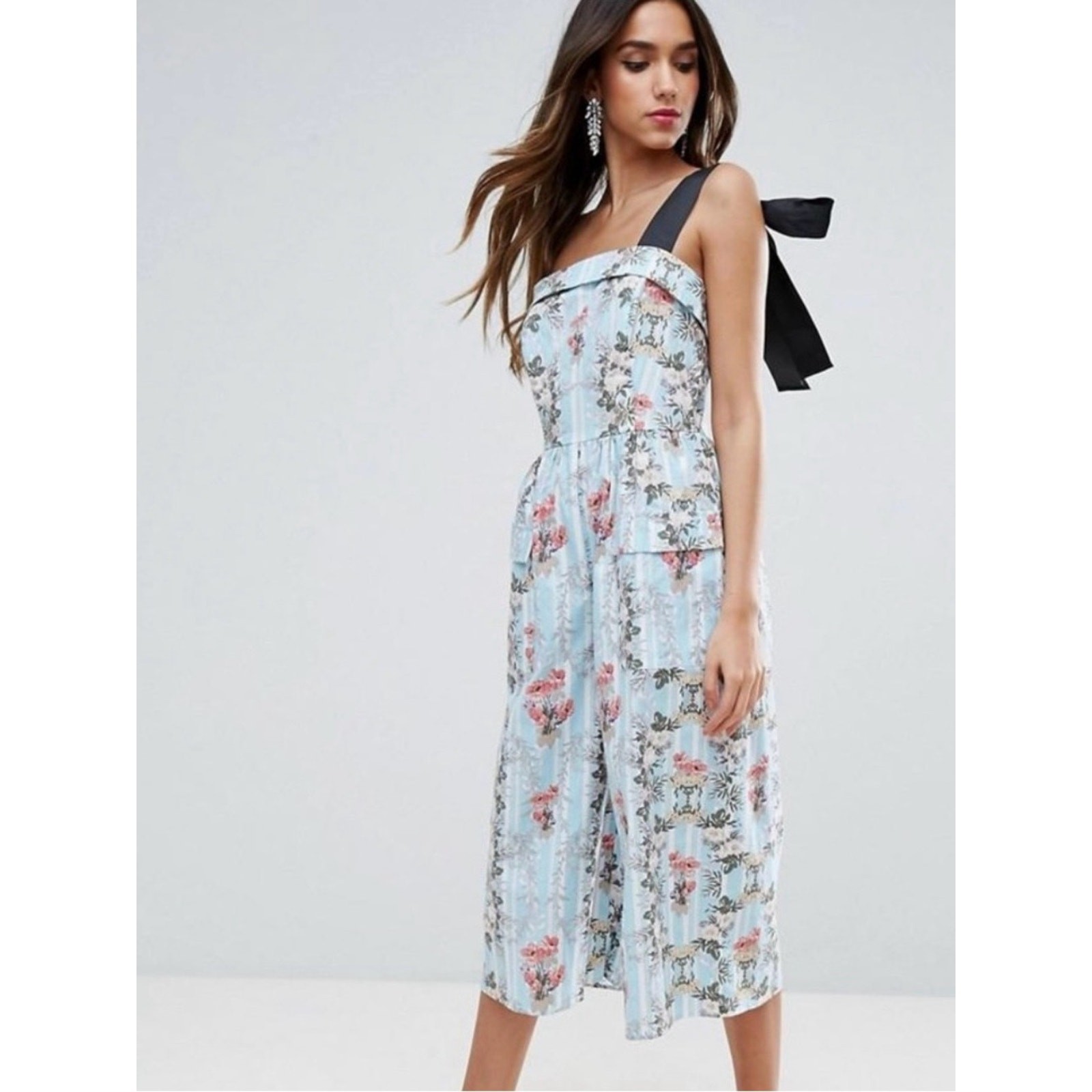 ASOS Floral Blue One-Shoulder Midi jumper with Black Bow Strap sz s