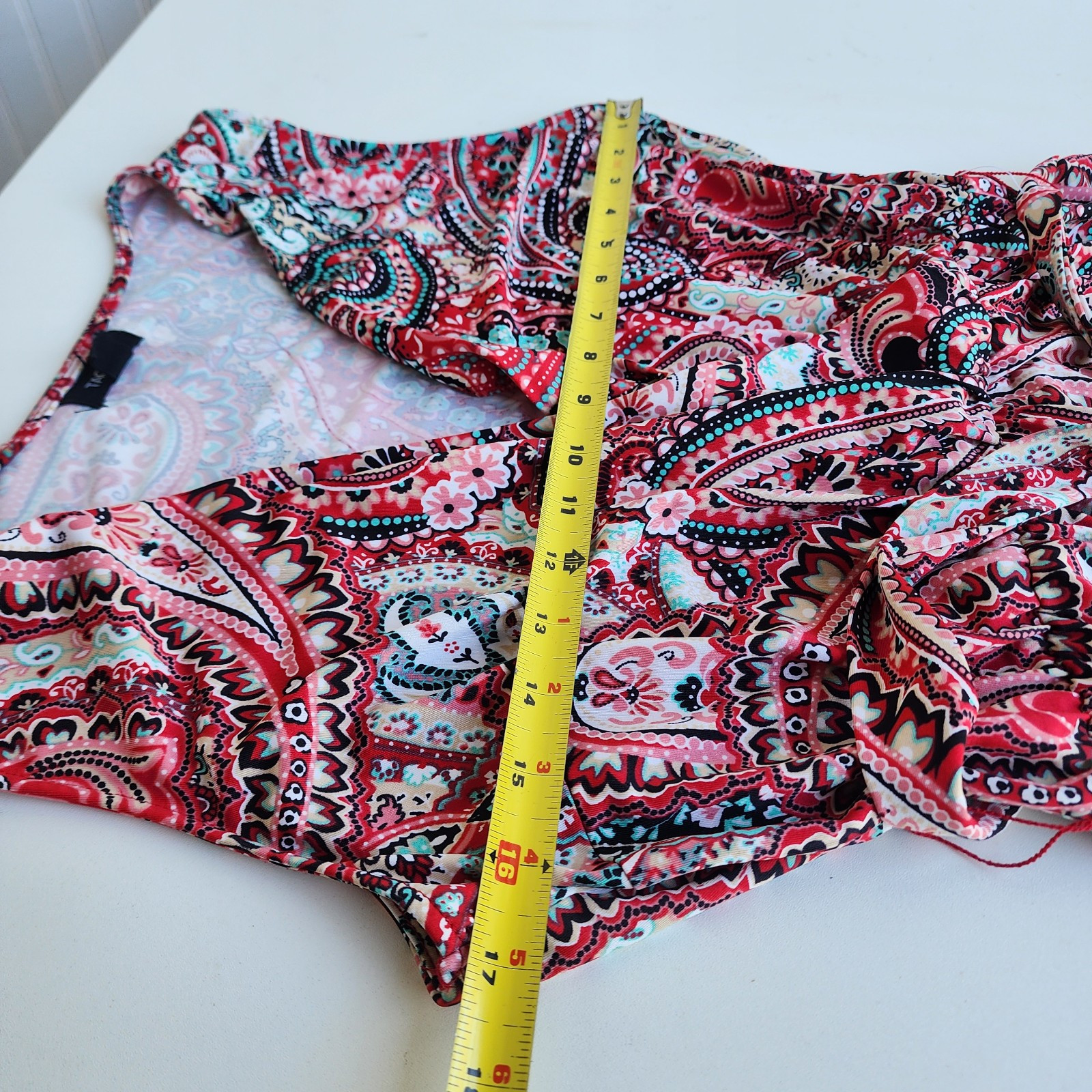 Tacera Womens Jumpsuit Red Green Paisley Stretch Sleveless Tie Waist V-Neck S