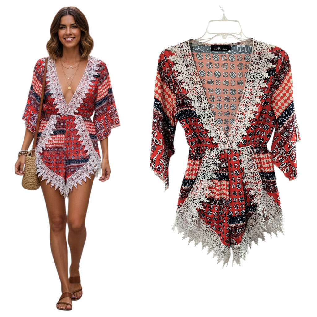 Hotcial Patchwork Print Romper Women’s Size S Red Multicolor Lace Bell Sleeve