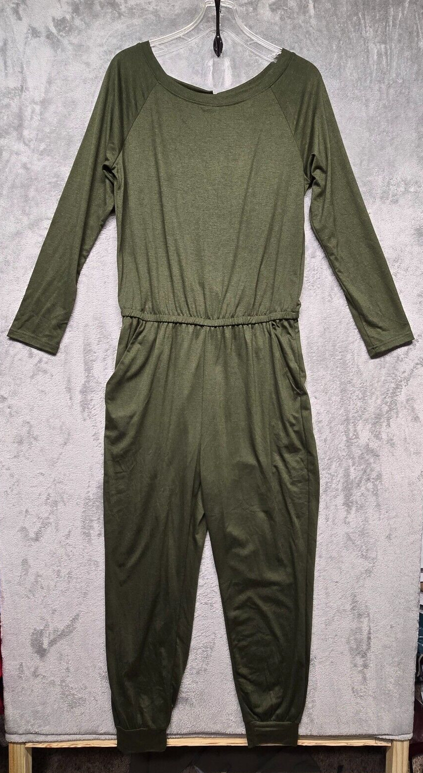 Pretty Garden Jumpsuit Womens Large Green Pockets Jogger Elastic Waist Casual