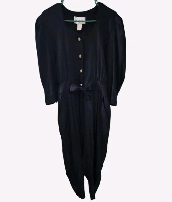 Vtg Jackie & Eric Black Jumpsuit Womens M/L Sweetheart Neck Puff Sleeve Goth 70s