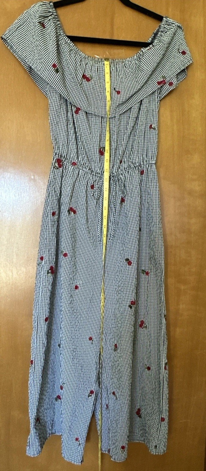 VTG Amazing Cherry Embroidered Jumpsuit Wide Leg 12” Tie Sz M On/off Shoulder
