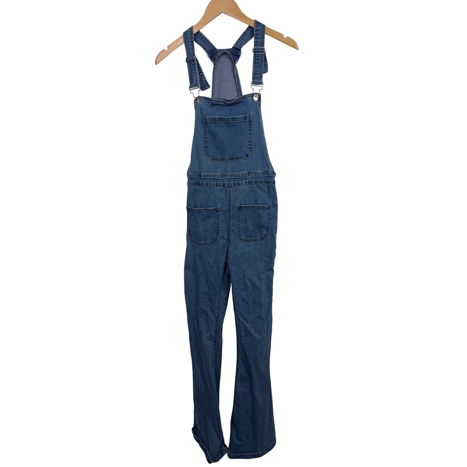 Edikted Denim Overalls Women Size S Blue Flare Leg Jumpsuit