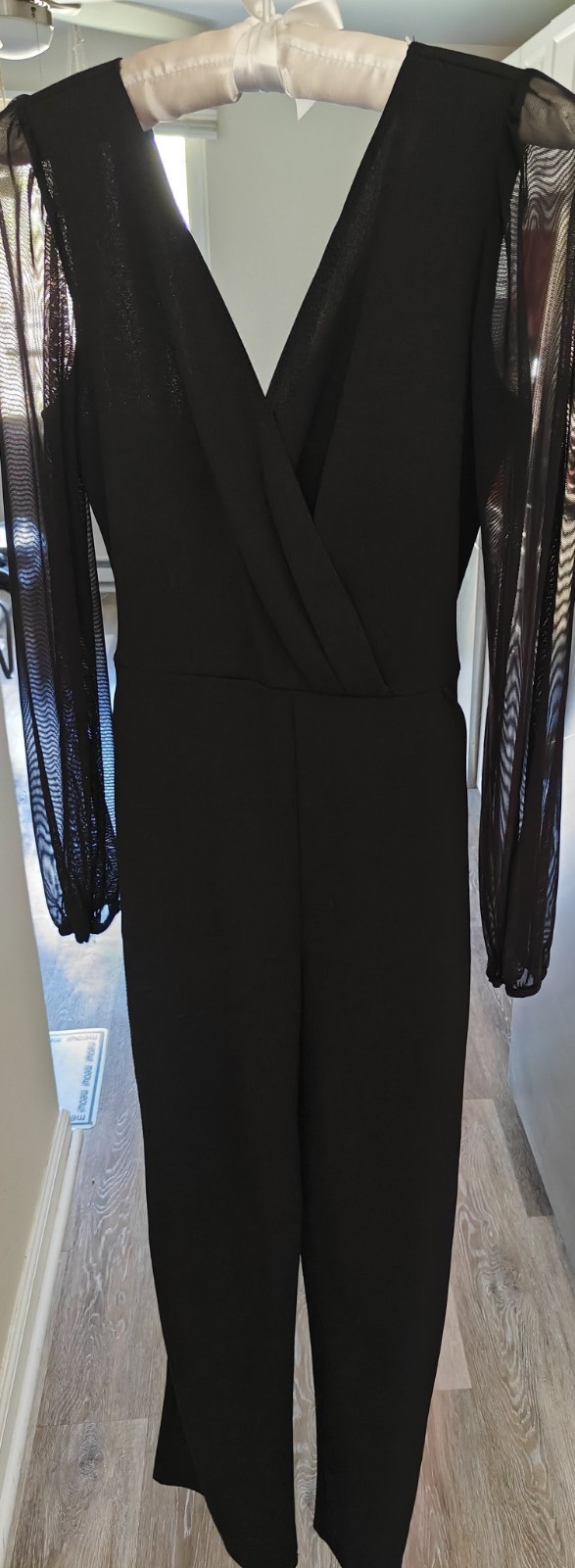 LADIES$17+Ship, Moa Moa Black Jumpsuit w/ Sheer Arms And Adjustable Belt, Size S
