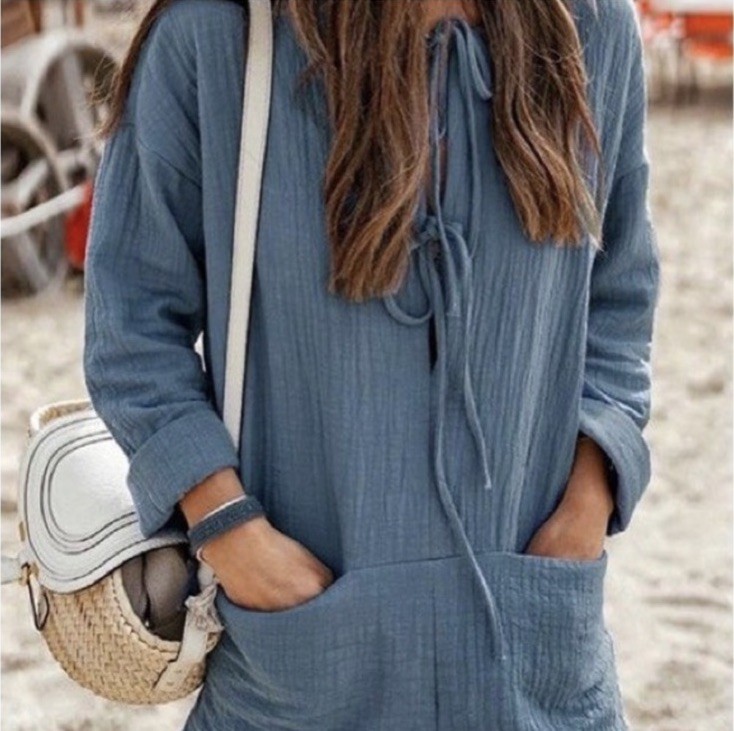 Zara Tie Front Cotton Gauze Coastal Blue Textured Romper Medium