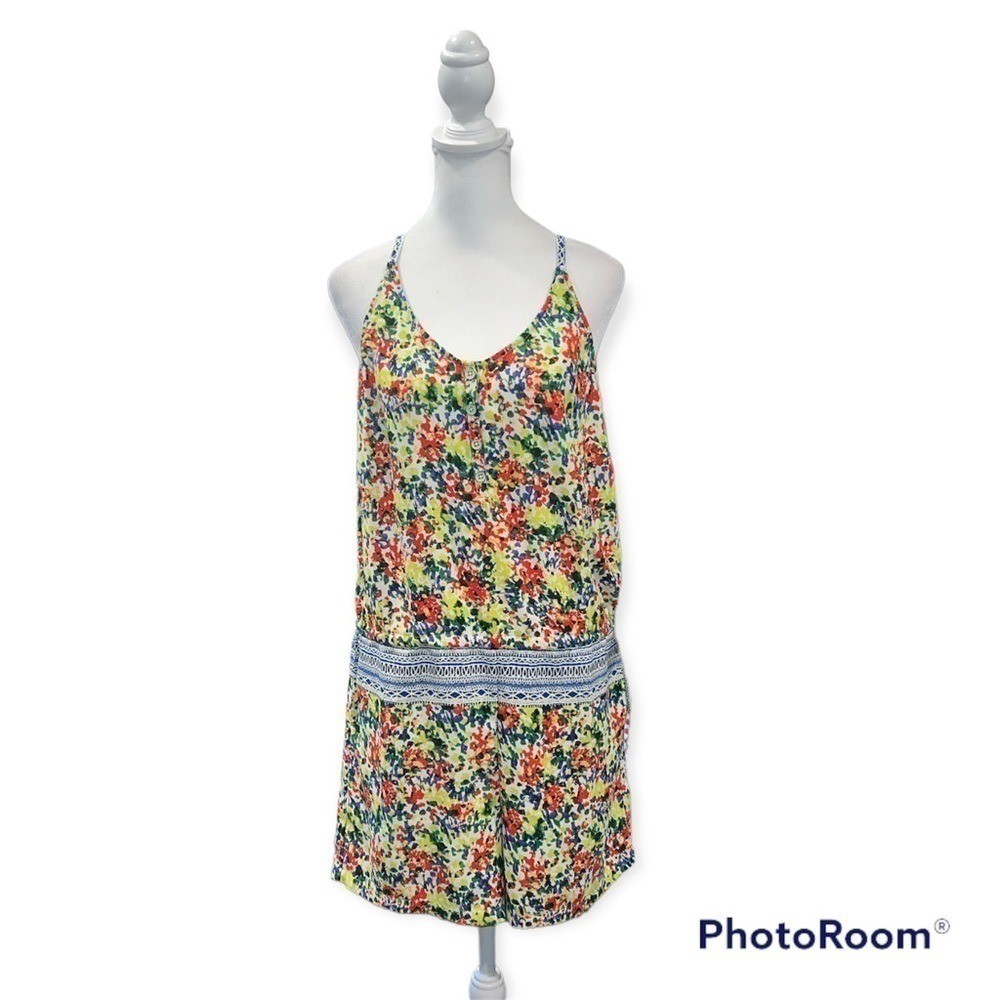 Cabi Floral Impressionist Romper Multi-Color Border Print Style 5261 Small