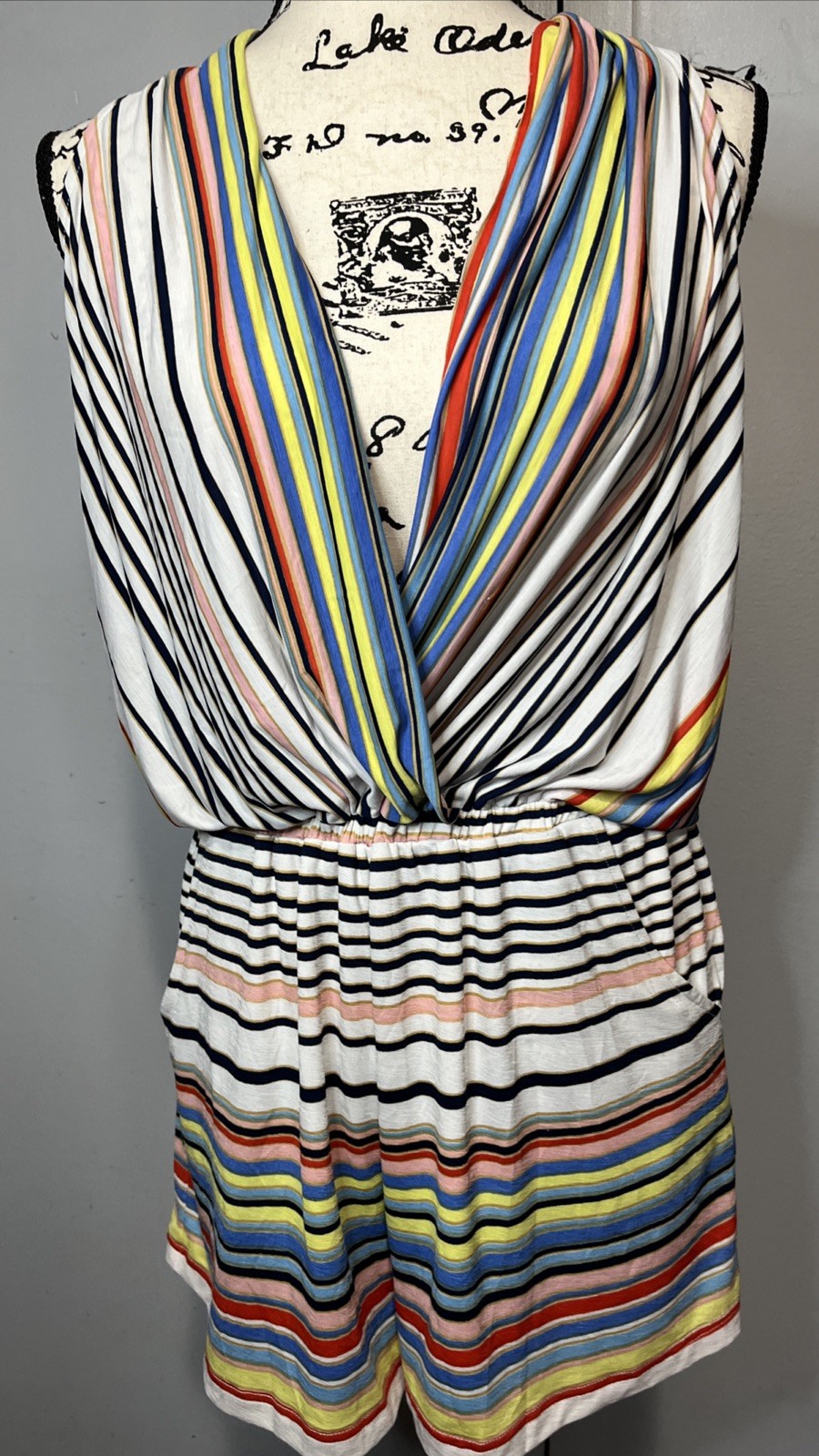 Joy Joy Romper Multicolored Stripe Deep V Neck Lightweight Lined Women Medium