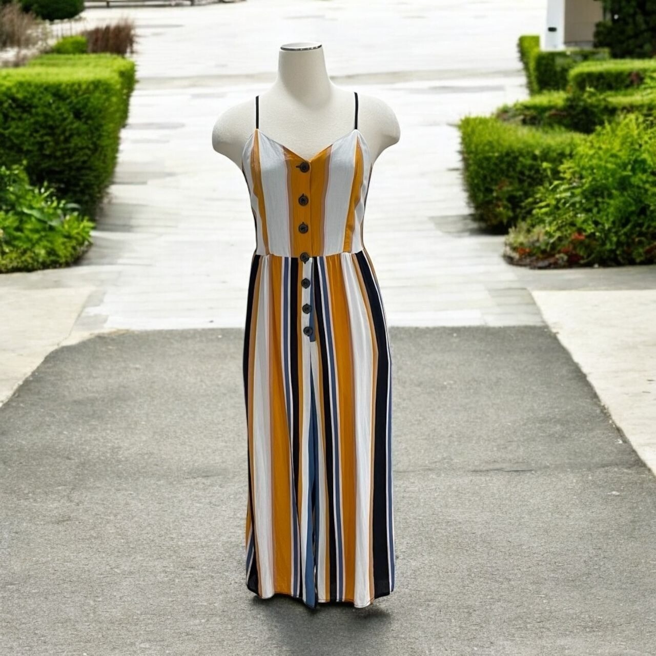 Tootsie Striped Button Front Wide Leg Jumpsuit Spaghetti Straps Casual Boho Chic
