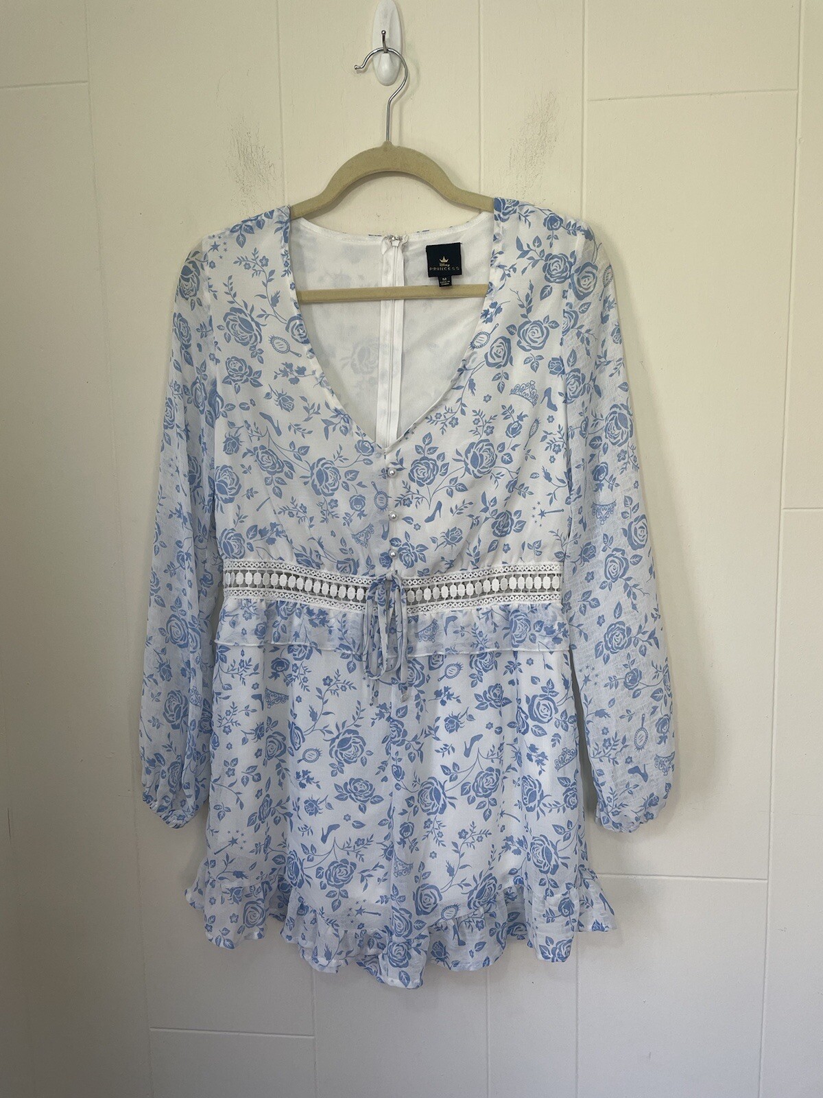Disney Princess White Blue Floral Long Sleeve Lined Romper ~ FLAWED ~ Size M