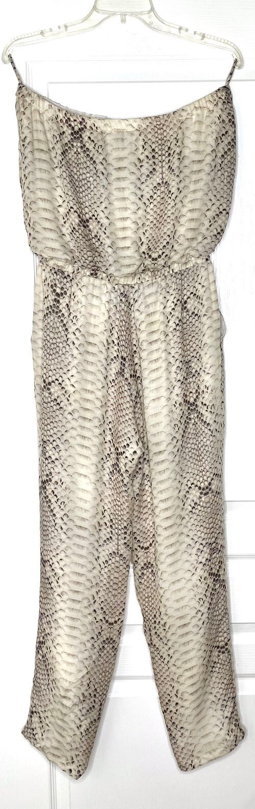 HAUTE HIPPIE Taupe Python Snake Print Silk Strapless Crop Pant Jumpsuit L = 10