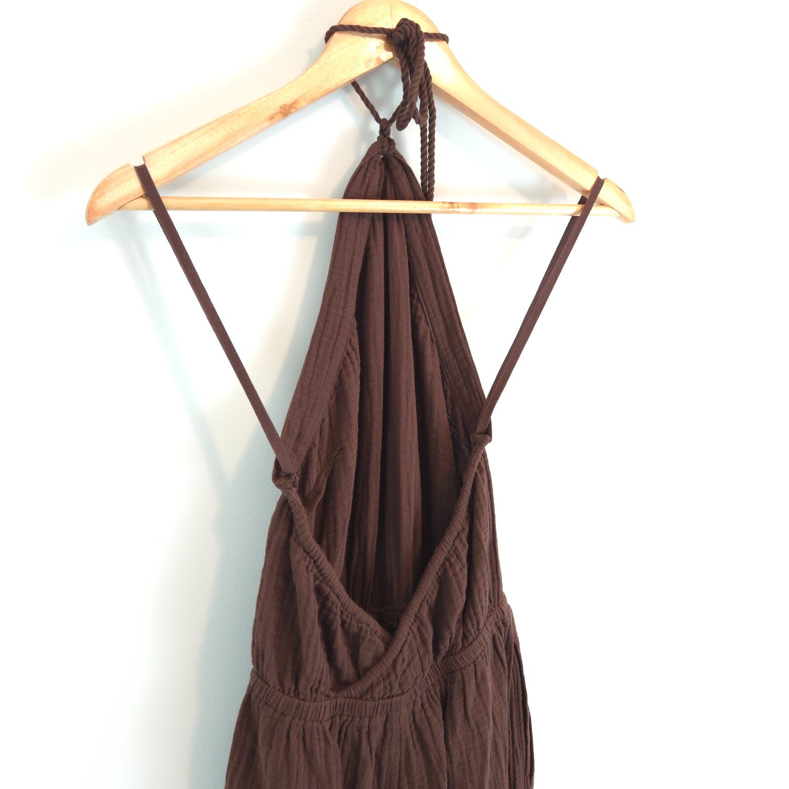 Aerie Women’s Brown Gauzy Halter Jumpsuit Lightweight Cotton Pockets Size XS
