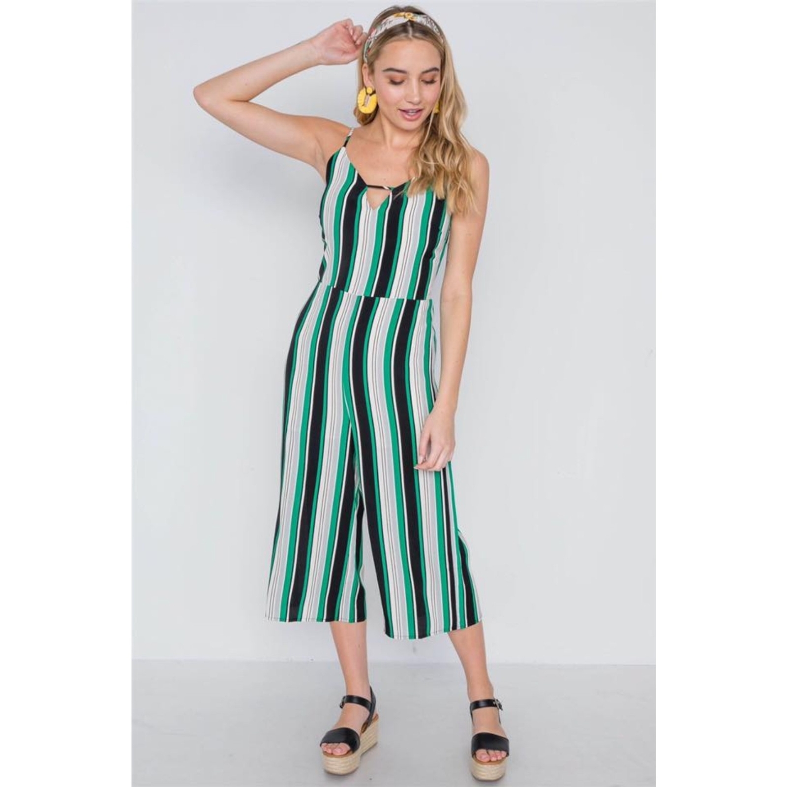 LUMIERE Green White Black Striped Spaghetti Strap Wide Leg Pantsuit Romper Sz M