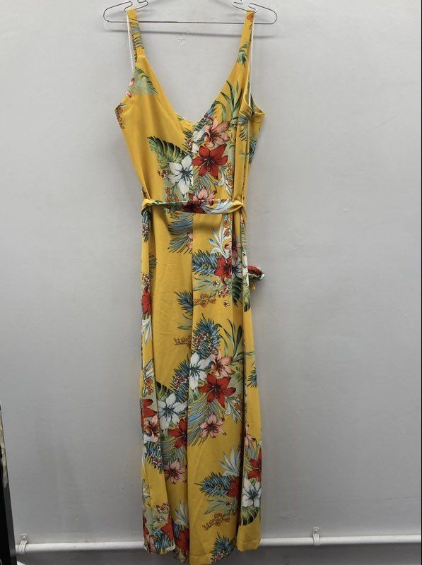 Emma & Michele Women’s Yellow Tropical Floral Wide Leg Jumpsuit V-Neck Sz XL