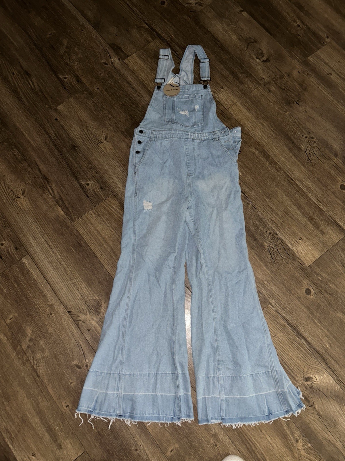 Aaron & Amber Distressed Wide Leg Flare Denim Overalls Womens Medium Light Blue