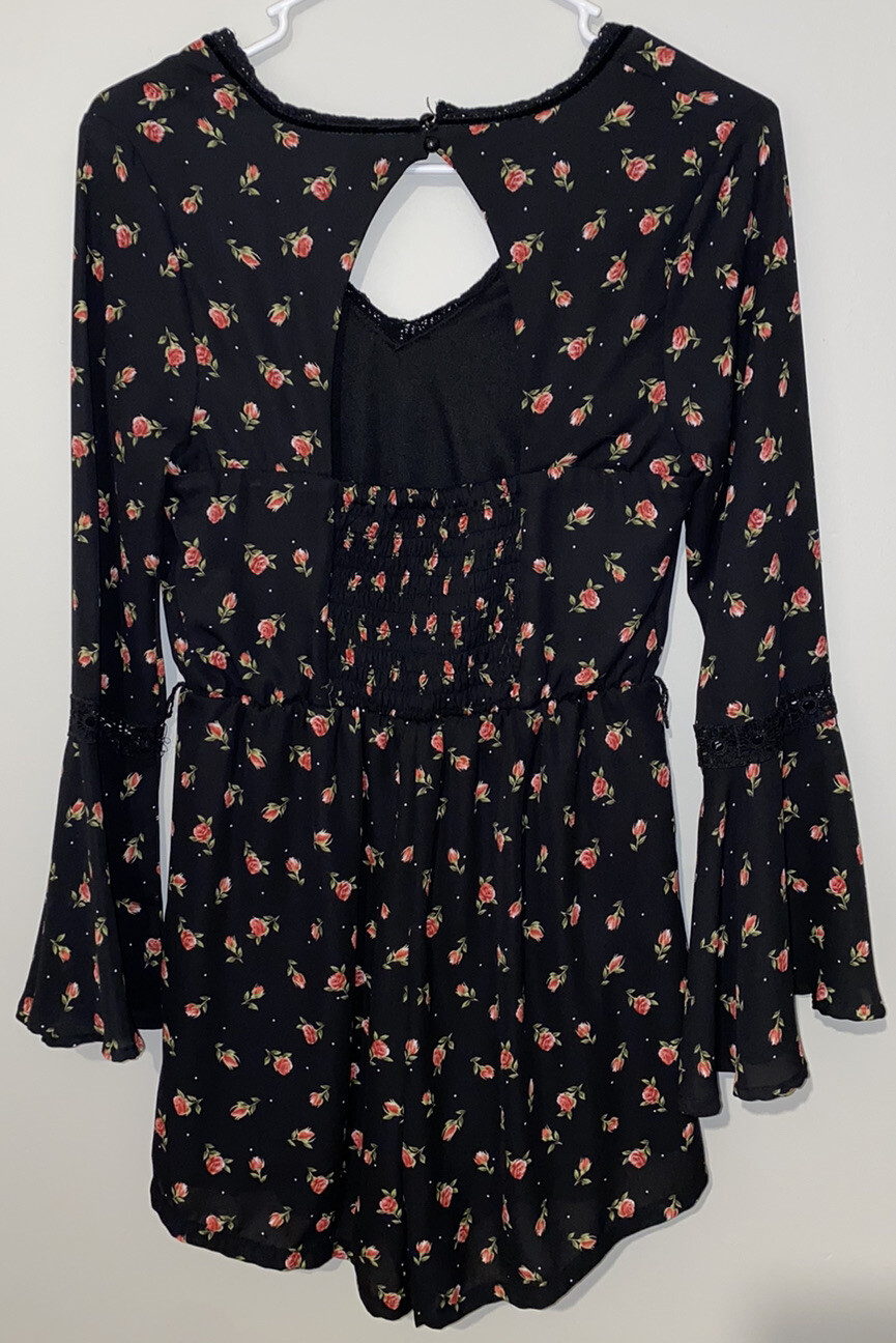 Disney Princess Size Small Shorts Romper, Black with Roses, Long Sleeve