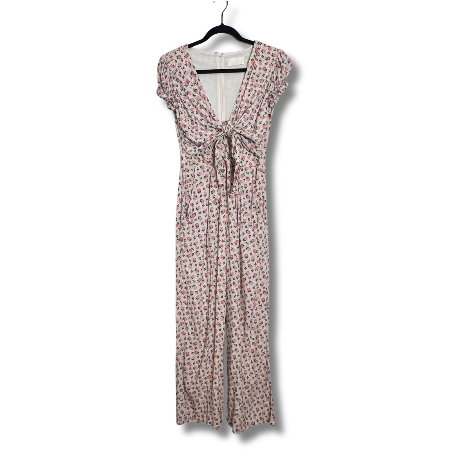 Capulet White & Pink Floral Tie Front Lined Wide Legged V Neck Jumpsuit, S