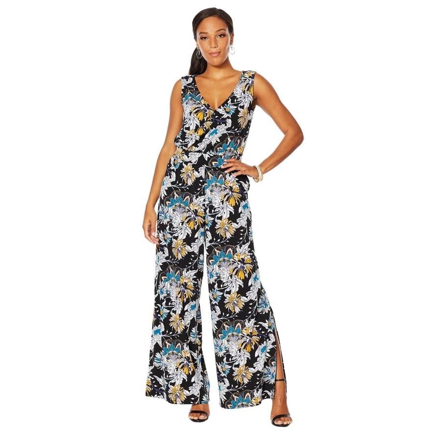G Giuliana XST Stretch Knit Jumpsuit high waist wide leg black floral (xs tall)