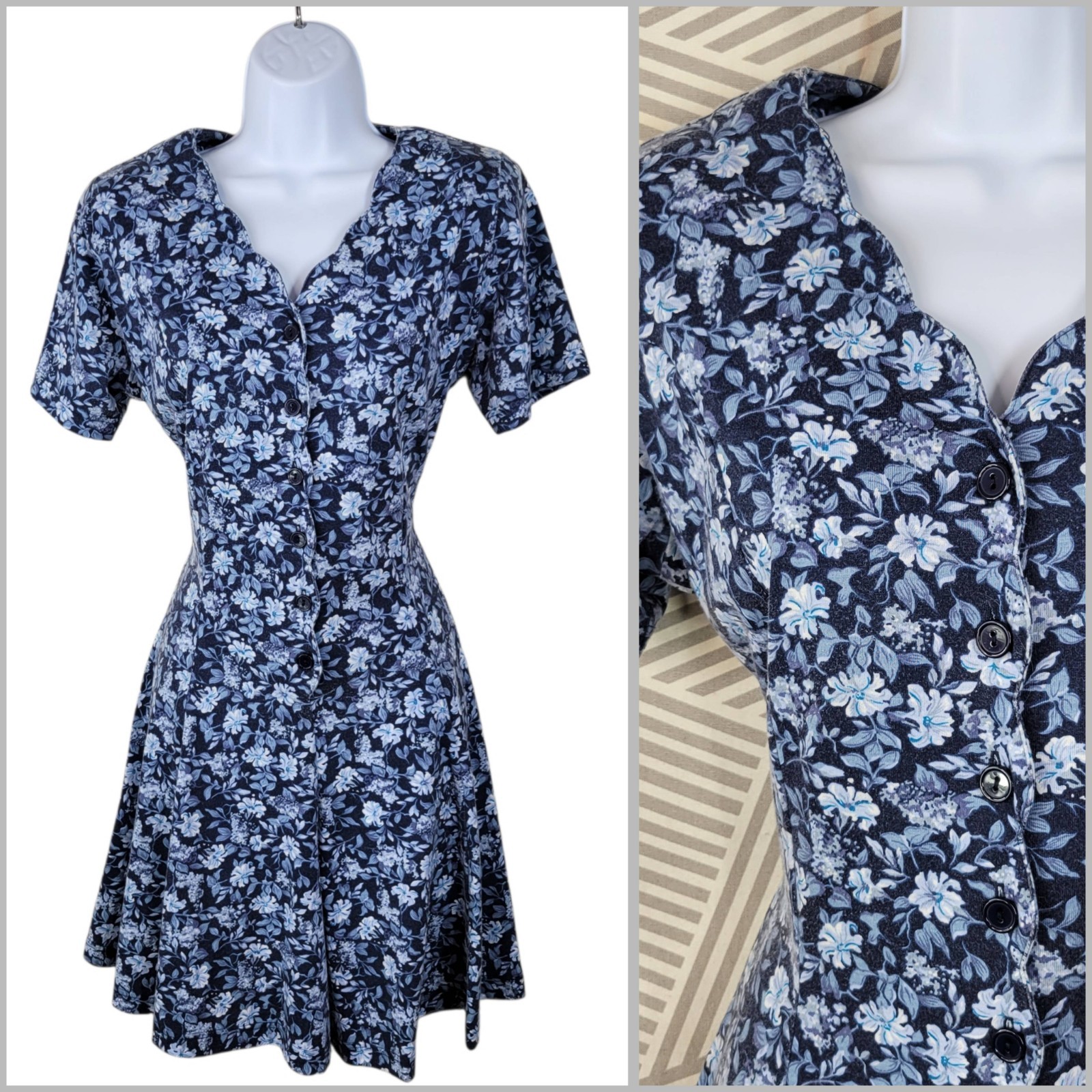 Vintage 90s Romper Medium Jumpsuit Shorts dress Button Front Floral Blue Flare